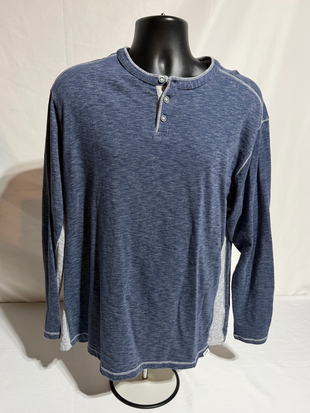 ROWM Men's Henley Shirt Navy Blue Heather Long Sleeve 3 Button XL